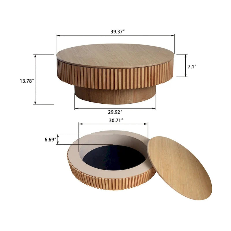 Modern Solid Wood Veneered Round Coffee Tea Table with Storage – Image 2