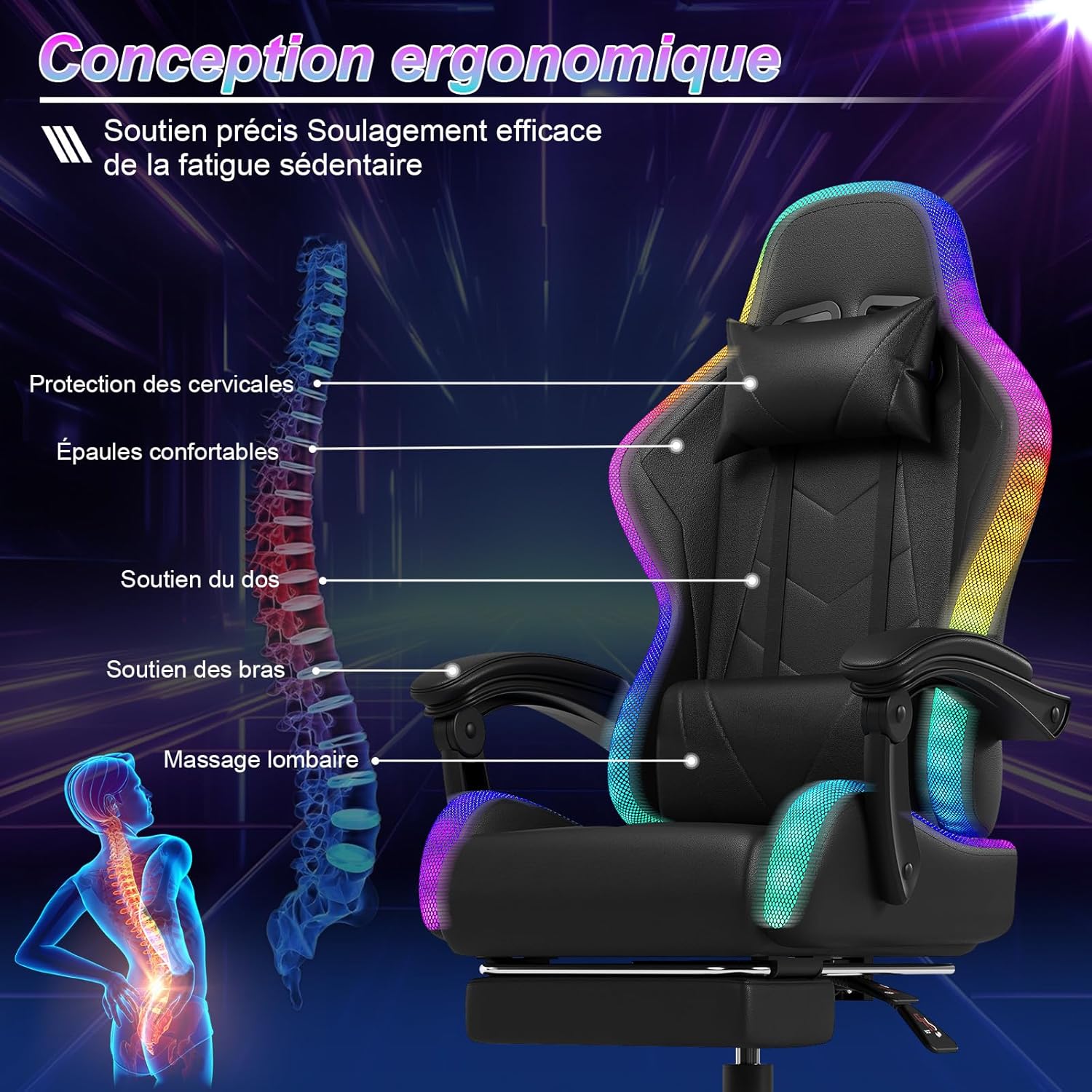 Devoko Chaise Gaming Ergonomique avec LED RGB, Massage Lombaire & Repose-Pieds – Fauteuil Gamer avec Appui-tête réglable – Dossier inclinable & Hauteur Ajustable – 180 kg – Noir – Image 9
