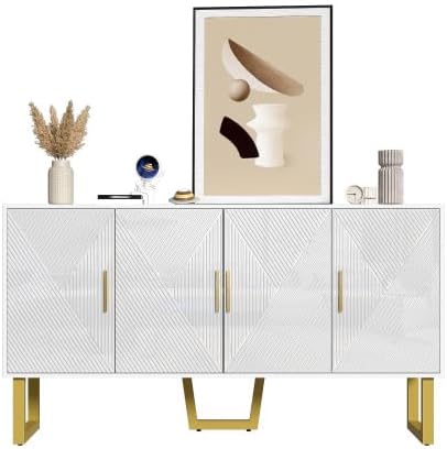 Buffet Salon Blanc Moderne avec 4 Portes Texturées, Façade Brillante, Poignées Dorées, Meuble Elégant, 150x40x82cm – Image 8