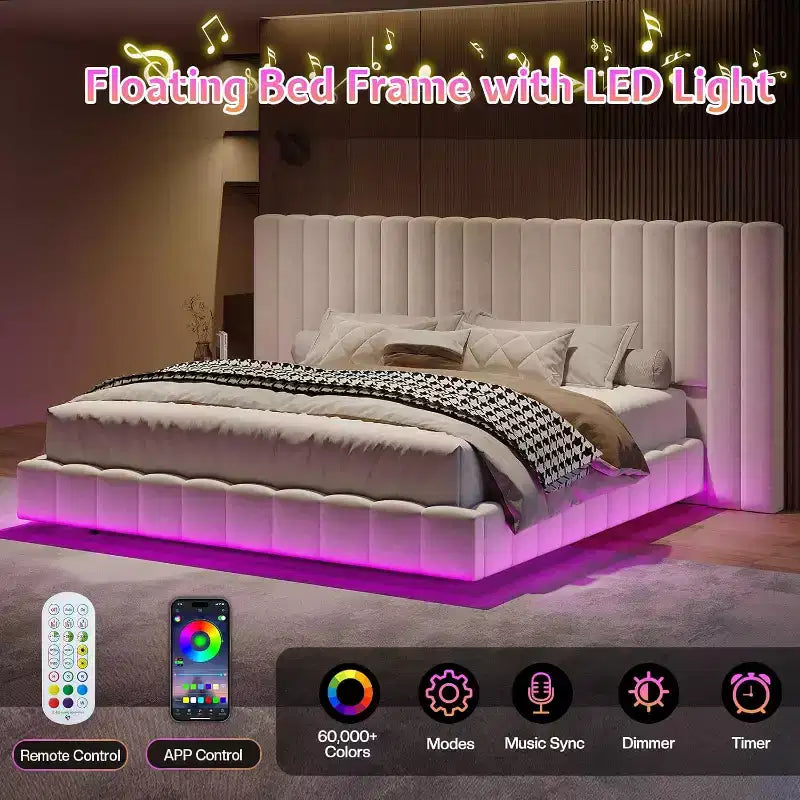 AMERLIFE Upholstered Platform Bed with LED Lights, Floating Design, Solid Slat Support – Image 5