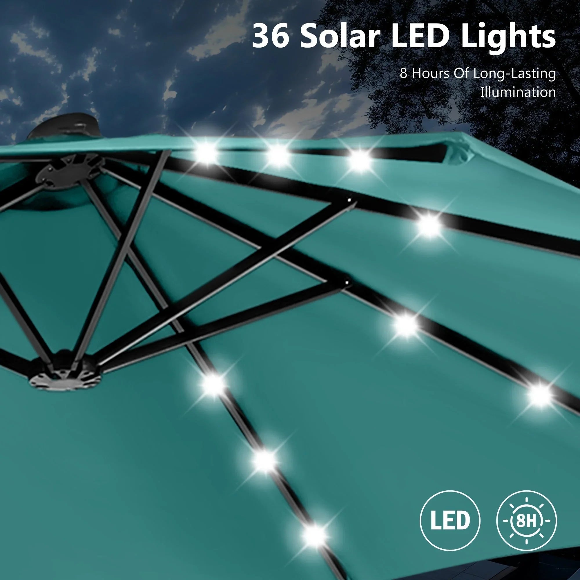 MAISON ARTS 15-foot Rectangular Crank Double-sided Outdoor Market Umbrella Solar LED Lighted Patio Umbrella with Base Included – Image 25
