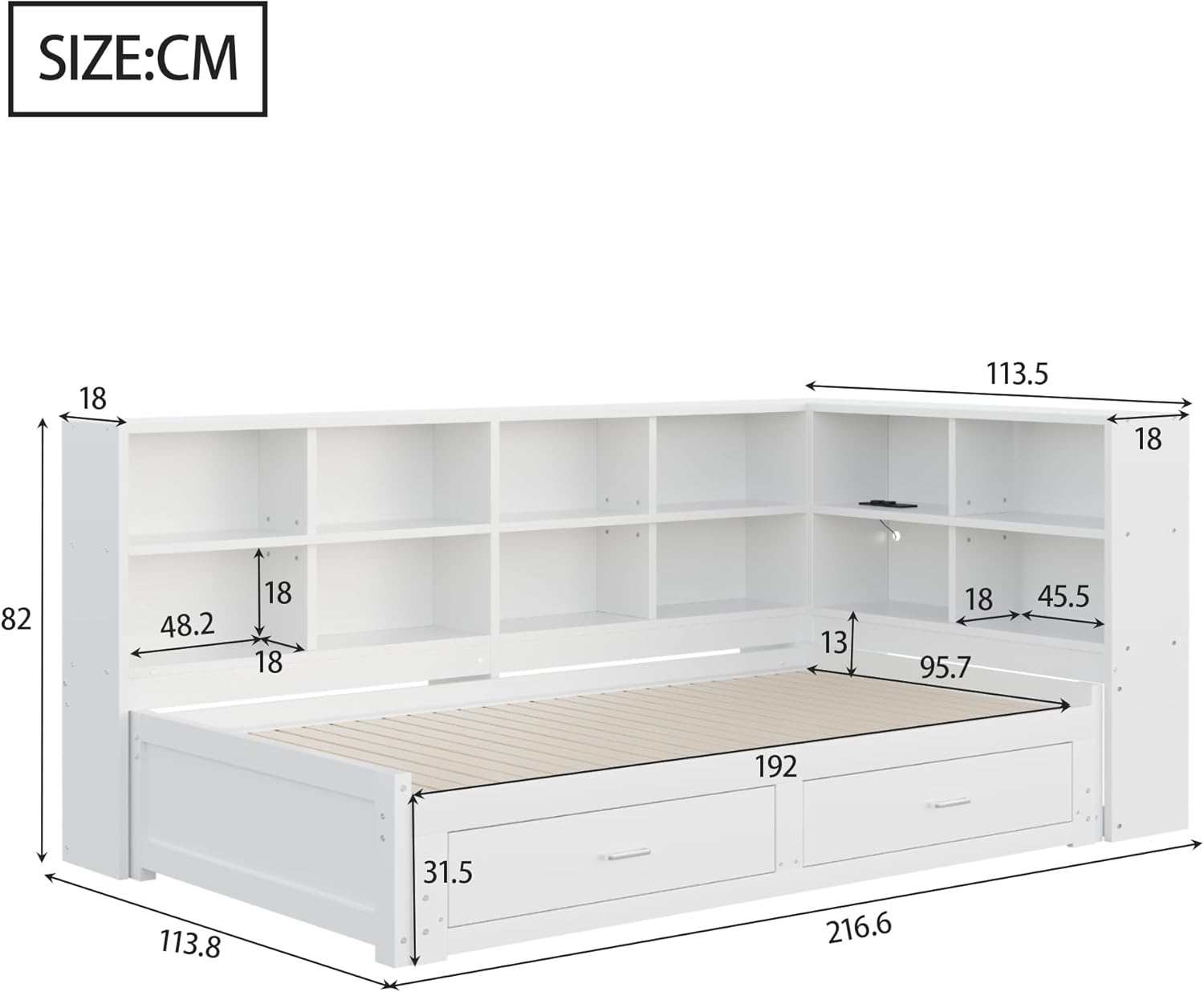 Lit Gigogne 90x190 cm + 180x190 cm - Lit en Bois avec Rangement et Prise Intégrée, Structure Pin et MDF, Matelas Non Inclus - Blanc – Image 5