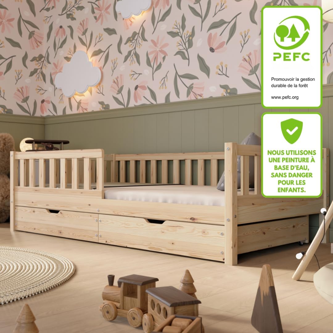 Lit Enfant avec Tiroirs 190x90 cm – Montessori au Sol en Bois Massif avec Barrière – Sécurisé pour Tout-Petit – Design Scandinave, Montage Facile - Crazy Basic – Image 3
