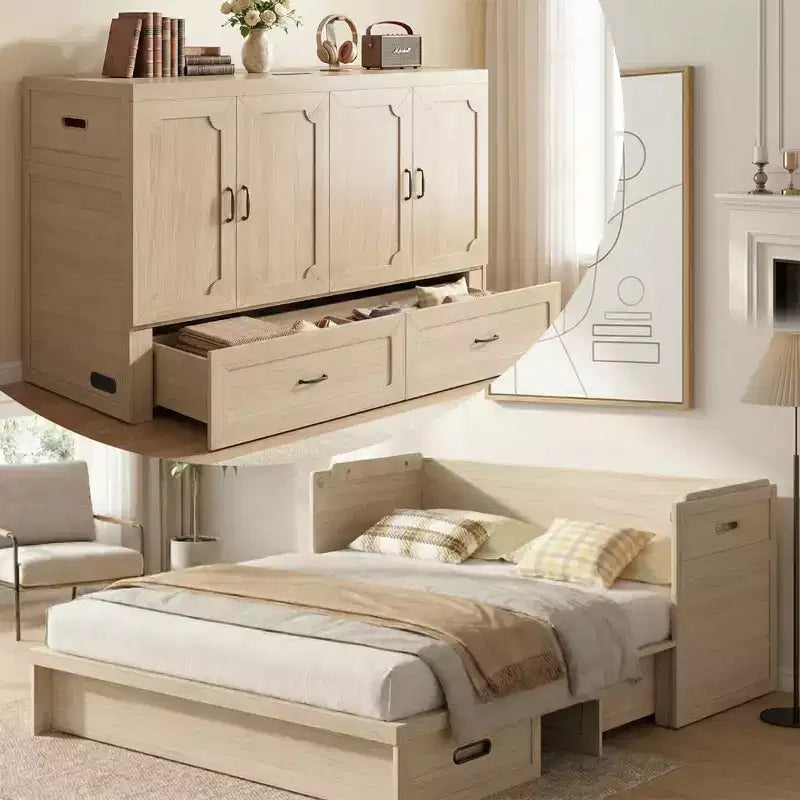 Mjkone Queen Size Convertible Murphy Cabinet Bed with Mattress, USB Charging, Storage Drawers – Image 8