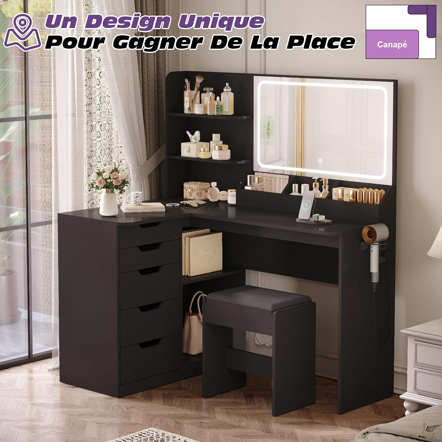 TRIUMPHKEY Coiffeuse avec Grand Miroir LED et Tabouret,Table de Maquillage en L avec Multiprise y Support de Sèche-Cheveux,5 Tiroirs,Cloison de Rangement,Étagères,Coiffeuse Moderne Noir – Image 8