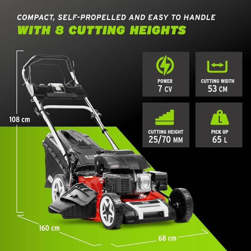GREENCUT GLM880XE - Tondeuse Essence 224cc 7,5ch, démarrage électrique, autotractée, Lame Acier 53cm, Hauteur réglable, bac 65L, idéale Jardins Moyens/Grands Jusqu’à 2000m2 – Image 5