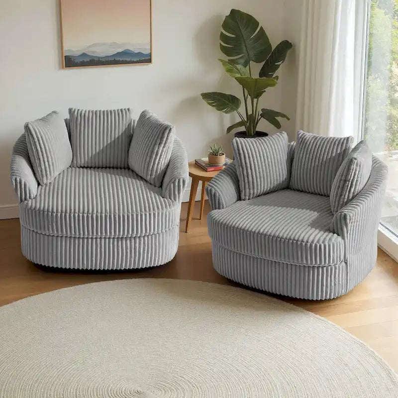 2 Set Oversized 43 W Plush Corduroy Swivel Barrel Chair with Pillows – Image 4