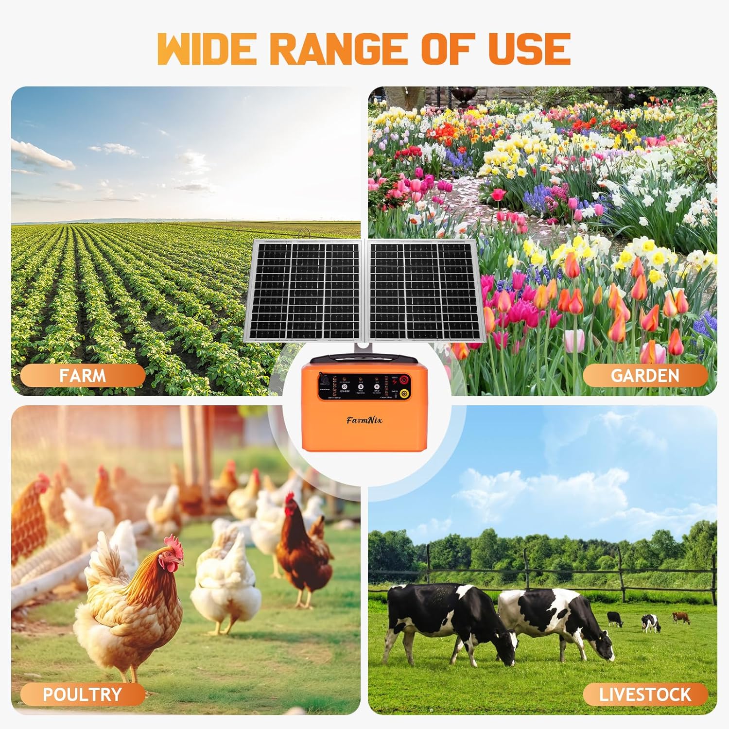 FarmNix 48KM Électrificateur Clôture Electrique Solaire, 6KV-12KV avec Panneau Solaire 15W & Batterie 7Ah 12V, 0.3-1.5J pour élevage d'animaux de berger, pour ferme, pâturage, jardin – Image 6