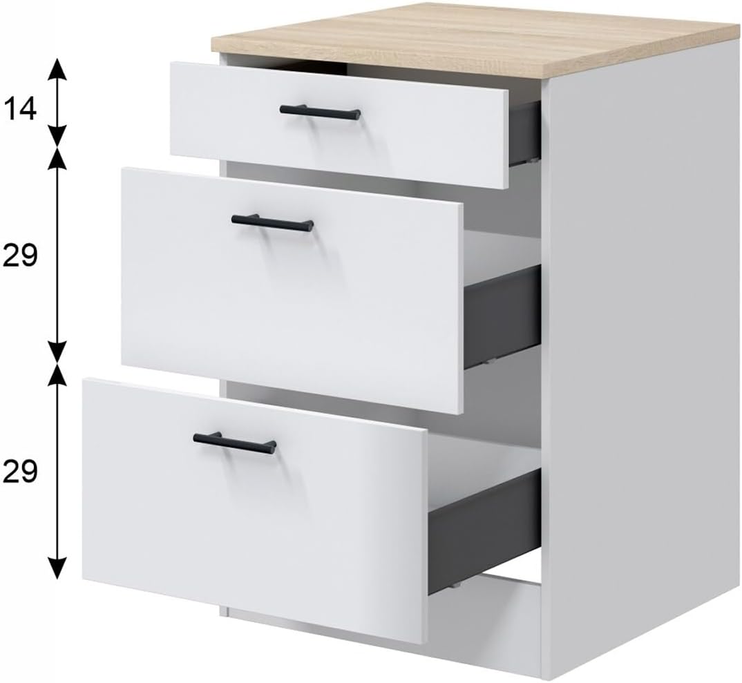 PEGANE Meuble Bas de Cuisine de 3 tiroirs avec Plan de Travail Coloris Blanc Brillant/chêne Canadien - Hauteur 90 x Longueur 60 x Profondeur 60 cm – Image 3