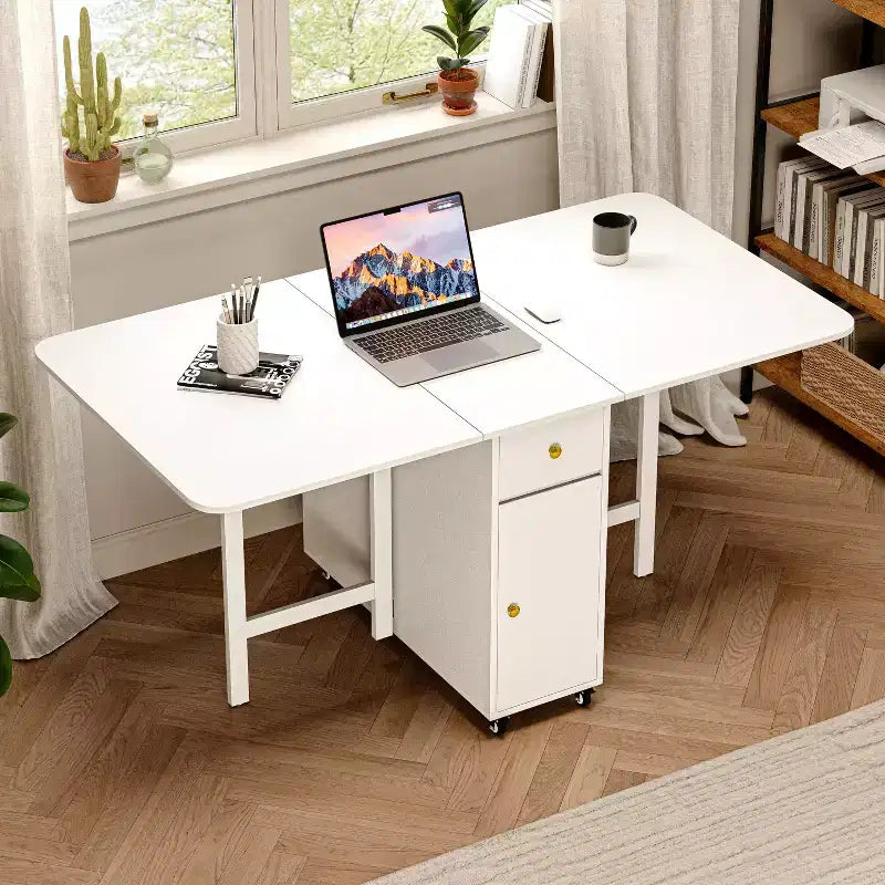 ATJafurn 59'' Foldable Dining Table with Drop Leaves for Small Space, Rectangular Wooden Extendable kitchen Table with Wheels and Storage – Image 14