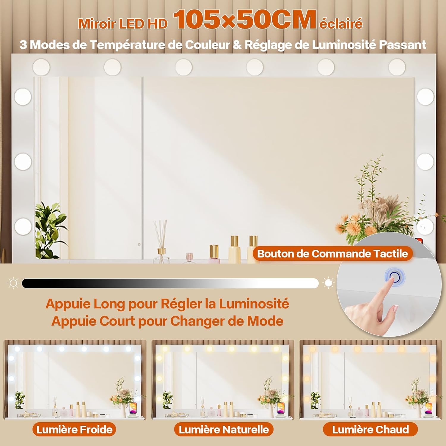 TRIUMPHKEY Coiffeuse avec Grande Miroir et Multiprise, 12 Ampoules LED Réglables, Table de Maquillage avec 7 Tiroirs, Rangement de Bijoux, 120x40x140cm Grande Commode Moderne Blanc – Image 5