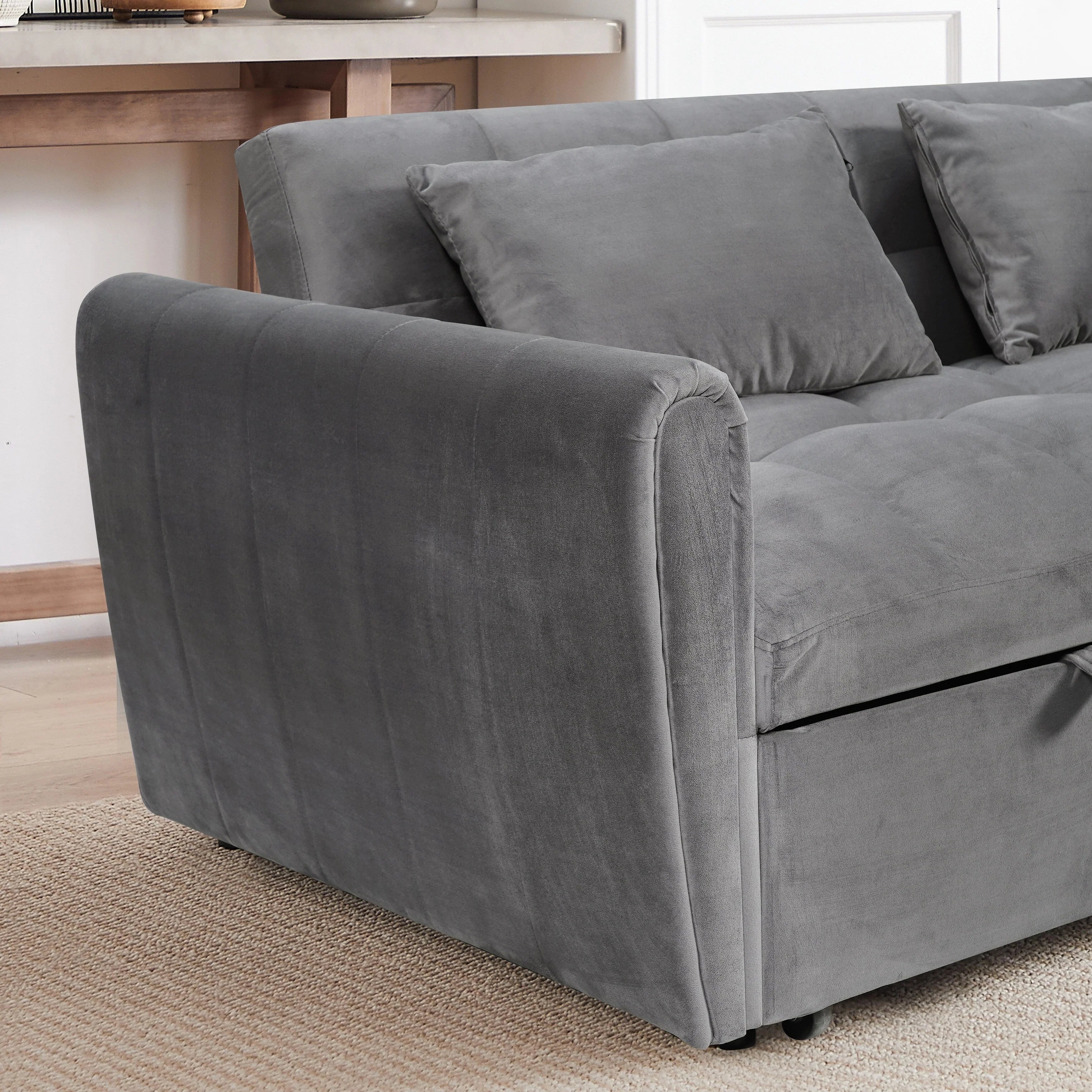 64.96 Velvet 3-in-1 Convertible Sofa Bed with Adjustable Back, Storage Pocket, and 500lb Weight Capacity – Image 3