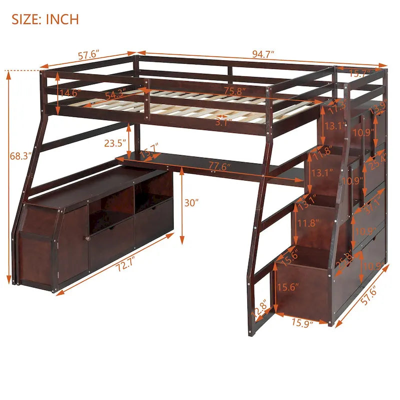 Full Pine Loft Bed with Desk and Storage – Image 6