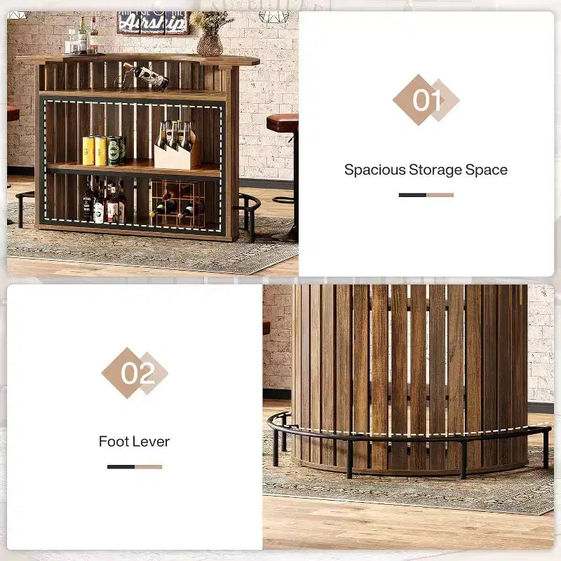 Lantine 4-Tier Bar Table, 39.4 H with Footrest, Arc-Shaped, Modern Wine Bar Cabinet for Home Pub, Living Room, Rustic Brown. – Image 5