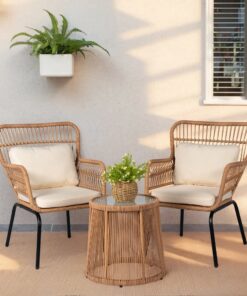 3 Piece Outdoor Wicker Conversation Bistro Set, All-Weather Rattan Furniture Patio Chairs Set with Cushions
