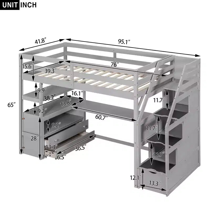 Okak Full/Twin Size Solid Wood Bunk Bed with 2 Built-in Drawers & Storage Staircase Loft Bunk Bed with Desk & Shelves for Kids Teens, Easy Assemble – Image 7