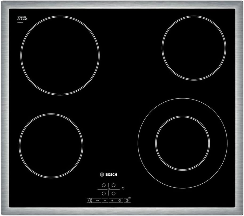 Bosch PKF645B17E Serie 4 - Table de cuisson vitrocéramique 60cm - cadre inox - 4 foyers - 6600W- Noir