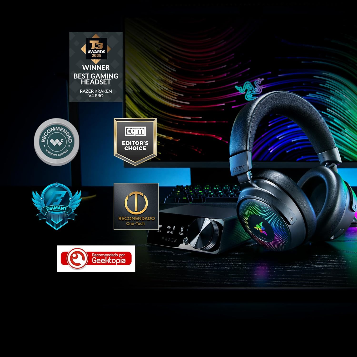 Razer Kraken V4 Pro - Casque de Jeu sans Fil avec hub de contrôle - Sensa HD haptics (hub de contrôle OLED, Triforce 40mm Drivers, HyperSpeed & Bluetooth, THX Spatial Audio, RGB) Noir – Image 2