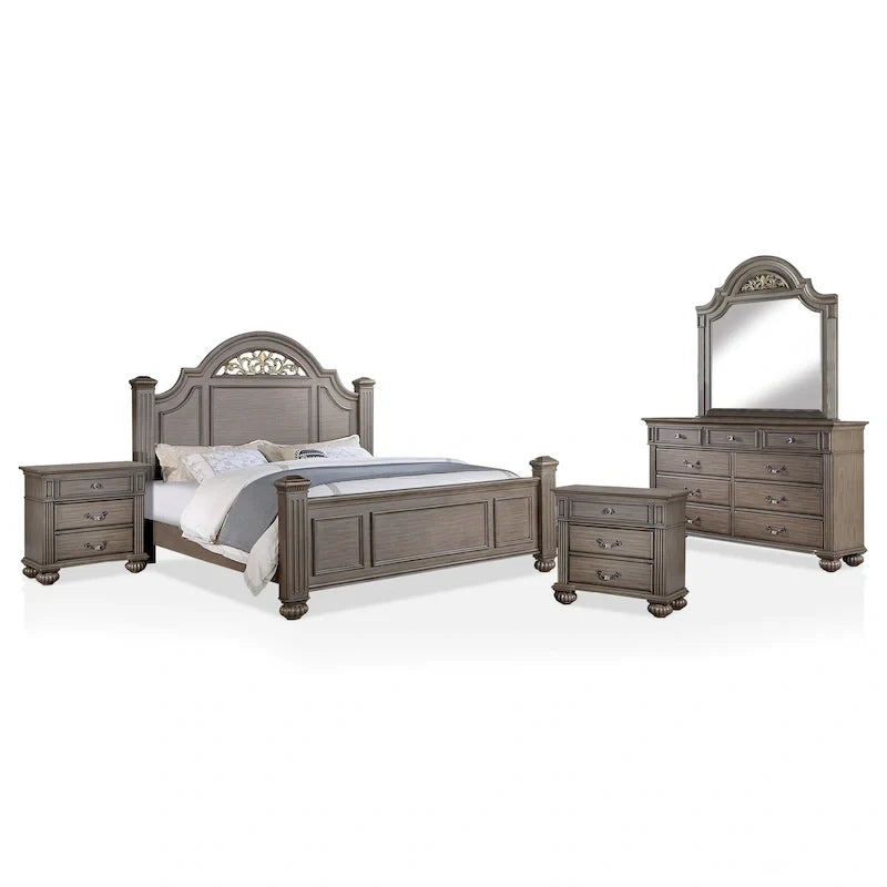 5-Piece Traditional Poster Bedroom Set, Grey Wood Finish, Classic Style – Image 8