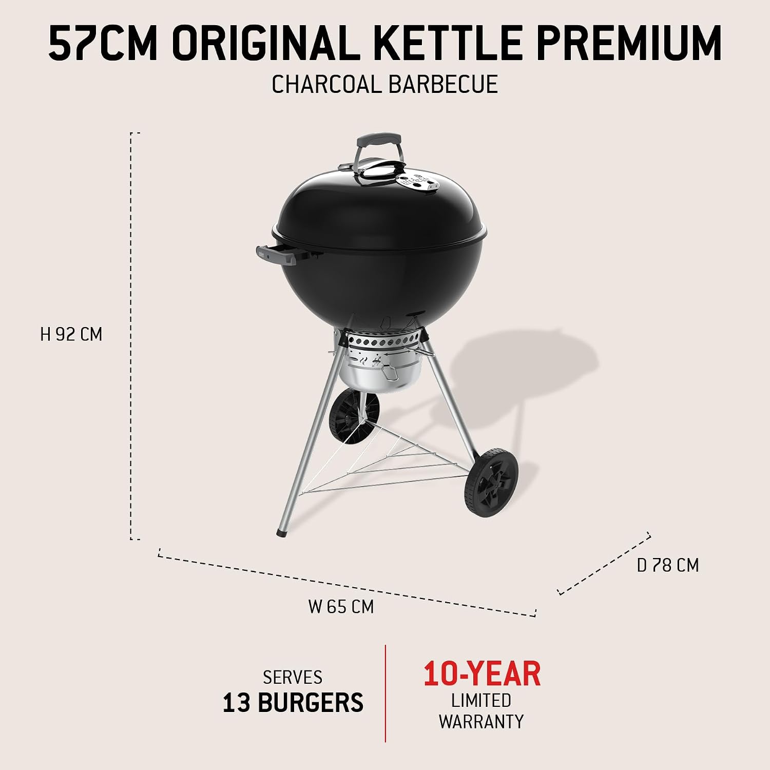 Weber Original Kettle Premium barbecue à charbon/couvercle et cuve en acier émaillé, grille 57 cm, système One-Touch de nettoyage, thermomètre intégré, trépied avec roulettes, noir – Image 4