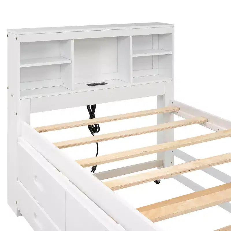 Platform Bed with Trundle and Drawers, Storage Platform Bed with USB, Wood Platform Bed with Bookcase – Image 27