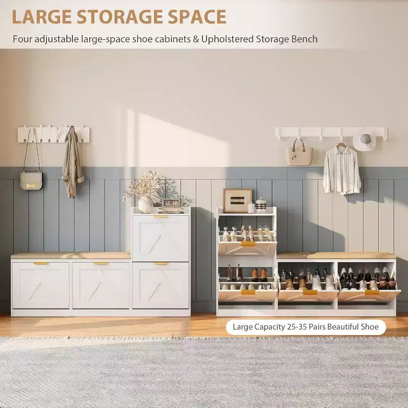 Shoe Storage Cabinet with Bench & 4 Flip Drawers - Narrow Entryway Organizer for 35-40 Pairs – Image 27