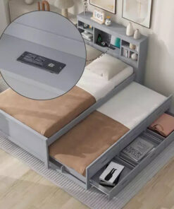 Platform Bed with Trundle and Drawers, Storage Platform Bed with USB, Wood Platform Bed with Bookcase