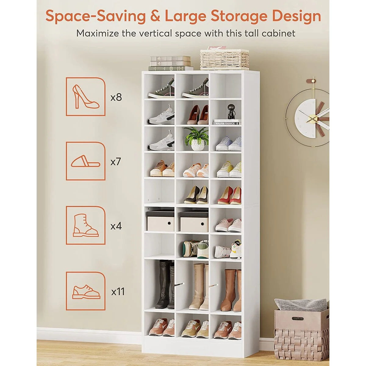 30 Pairs Tall Shoe Cabinet, 10 Tiers White Wooden Shoe Storage Rack for Closet, Entryway - 10-tier – Image 23