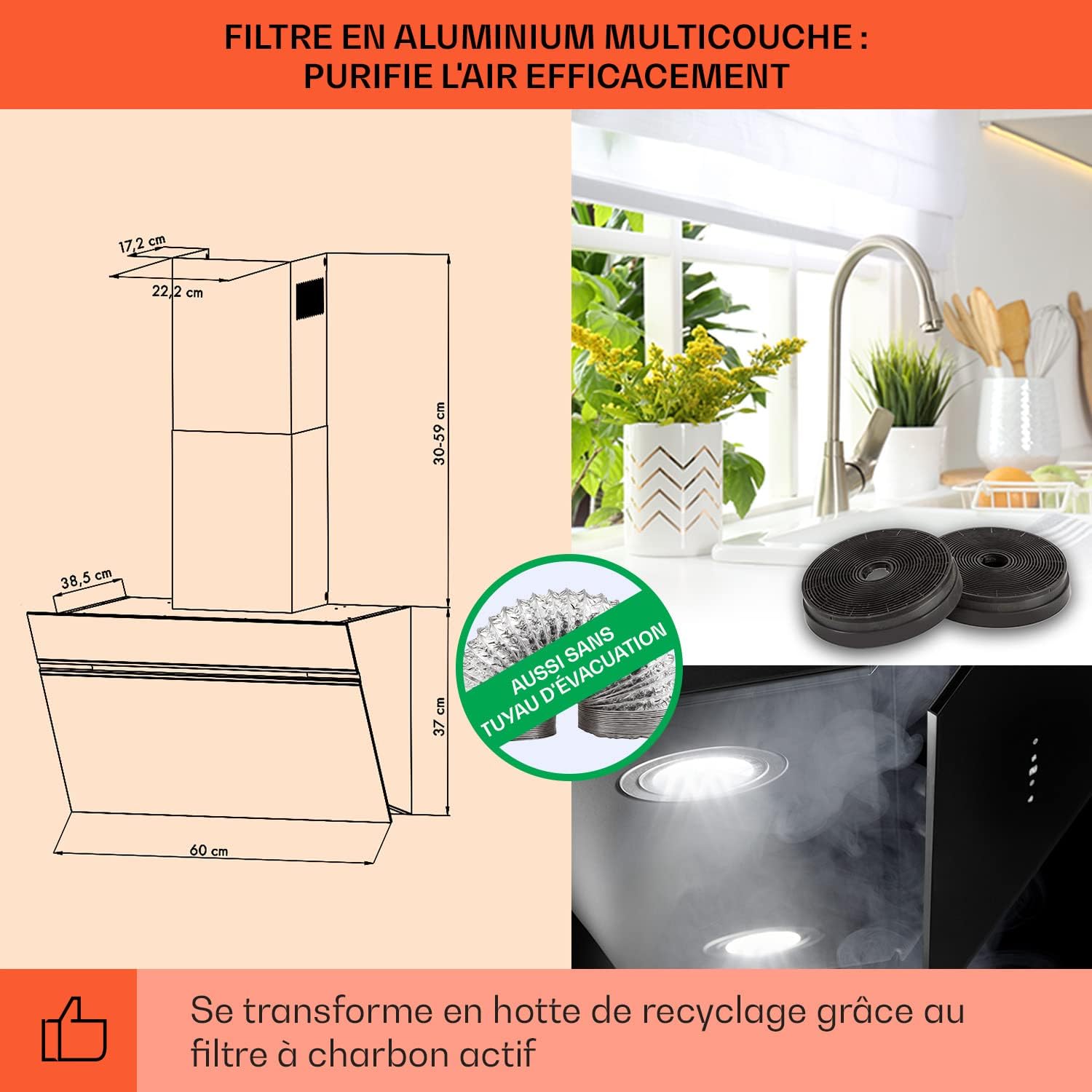 Klarstein Alina 60 Hotte Aspirante - 600 m3/h, Panneau Tactile, LED Multicolore, Silencieuse 63 dB, Énergie Classe A, Hotte Décorative, 60 cm, Noir – Image 5