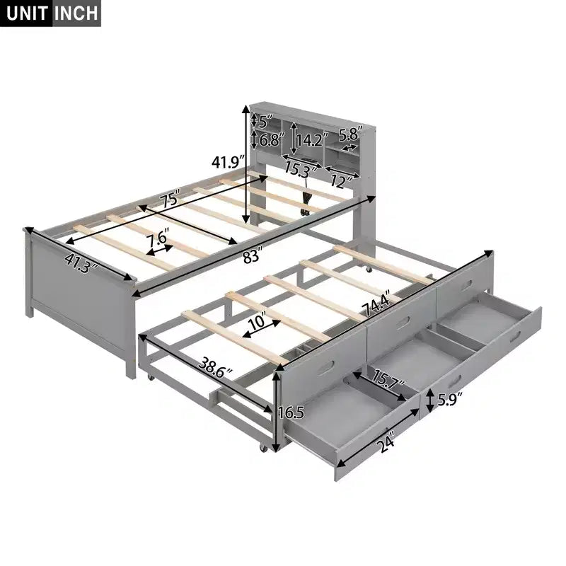Platform Bed with Trundle and Drawers, Storage Platform Bed with USB, Wood Platform Bed with Bookcase – Image 4