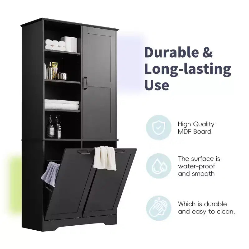 Bathroom Storage Cabinet with Doors and Drawers Tilt-Out Laundry Hamper Multiple Storage Space Freestanding Style – Image 5