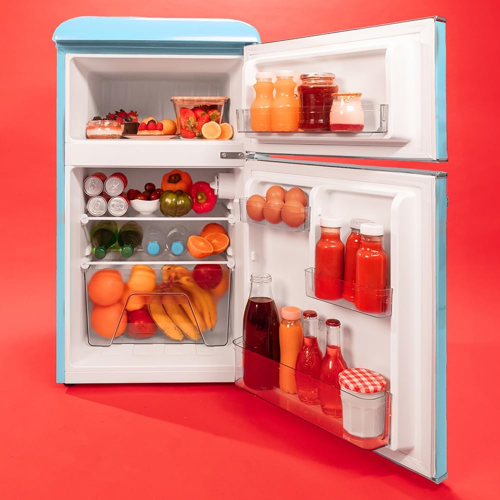 Cecotec Mini Réfrigérateur 2 Portes Retro 86L Bolero CoolMarket 2D Origin 86 Blue E, 89,3cm H et 48,7cm L, IceBox, Classe Énergétoque E, Total No Frost, Lumière Intérieure et Poignée Chromée, Bleu – Image 5