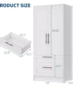 Alternative view of 2-Door Wooden Wardrobe with 2 Drawers and Shelf for Hanging Clothes, Freestanding Bedroom Storage Cabinet for Bedroom Living Room