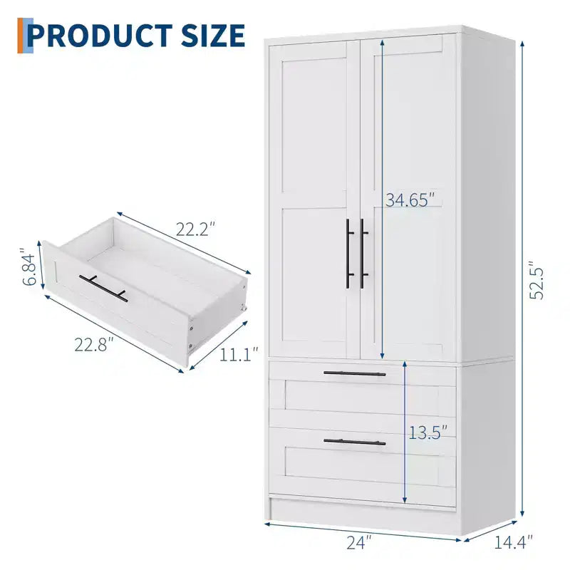 2-Door Wooden Wardrobe with 2 Drawers and Shelf for Hanging Clothes, Freestanding Bedroom Storage Cabinet for Bedroom Living Room – Image 2