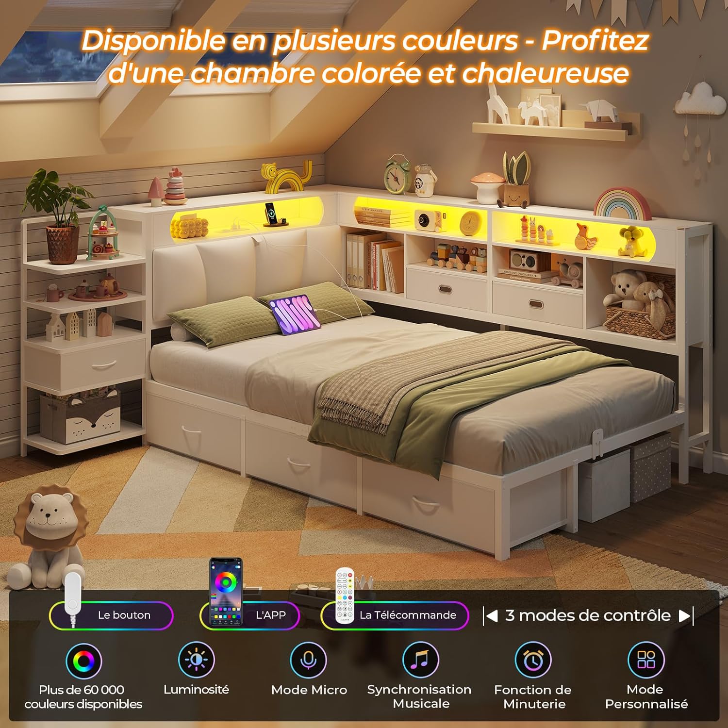 DICTAC Lit 90x190 en L – Banquette-Lit 1 Place avec Tête de Lit Capitonnée (Rangement Secret + Table de Nuit Intégrée), LED RGB & Recharge | Idéal pour Studio & Chambre (Blanc) | 3tiroirs sous le lit – Image 5