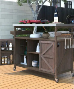 Alternative view of Outdoor Kitchen Island, Rolling Bar Cart & Storage Cabinet,Solid Wood Grill Table with Stainless Steel Top,Spice Rack,Towel Rack