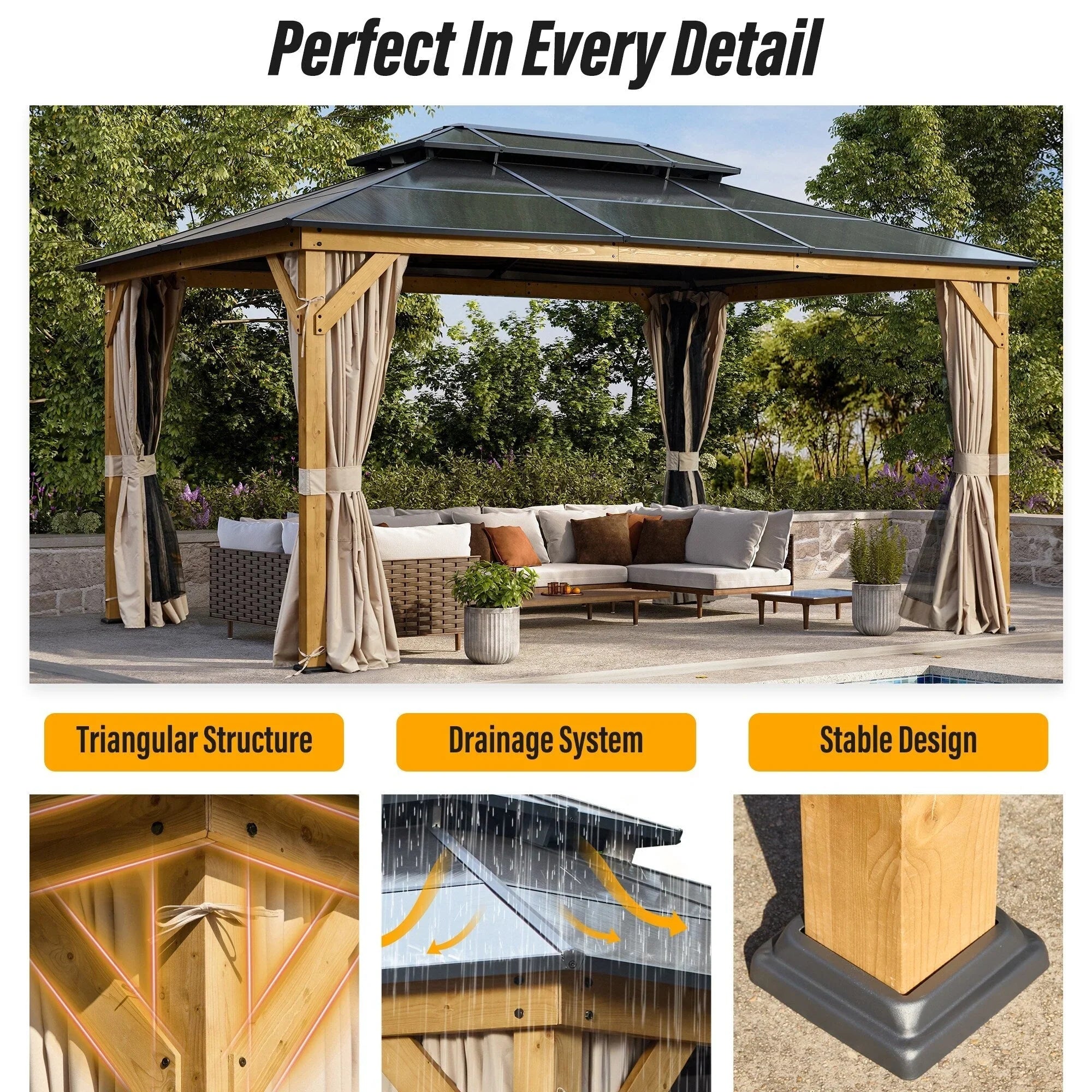 EROMMY Hardtop Gazebo,Outdoor Pergola with Double Roof & Netting & Curtains,Heavy Duty Canopy for Patio, Backyard, Pool party – Image 104