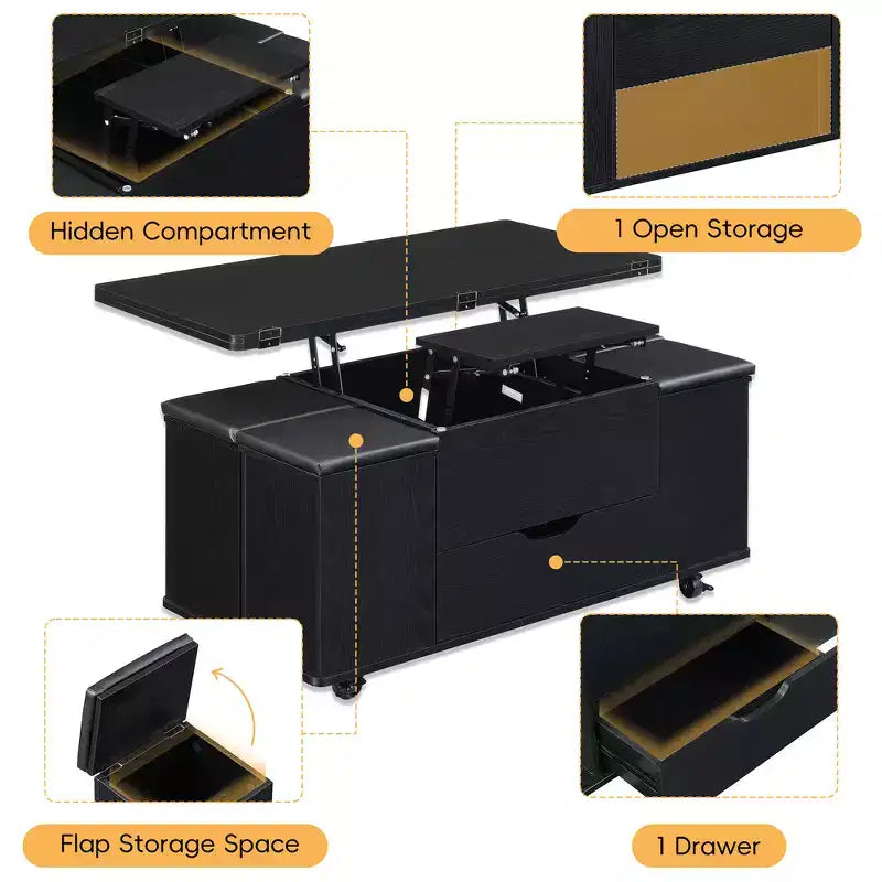 Zeus & Ruta Multi-Function Modern Lift-Top Coffee Table with Hidden Storage, 4 Stools and Casters, Perfect for Modern Living Spaces – Image 10