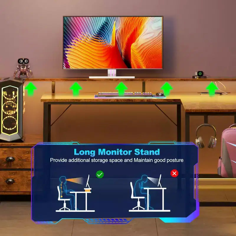 66 L-Shaped Gaming Desk with RGB LED, Charging Station, 2 Drawers & Monitor Stand – Brown – Image 4