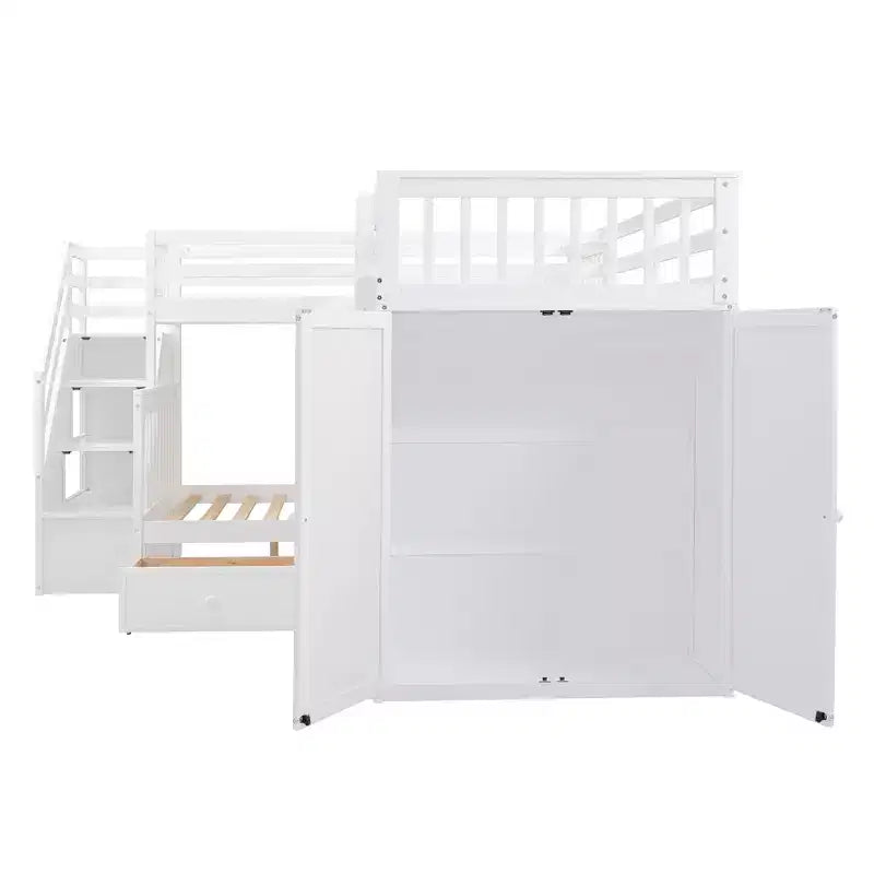 Whisen Modern Design Twin over Full L-Shaped Bunk Bed With 3 Drawers, Portable Desk and Wardrobe – Image 75