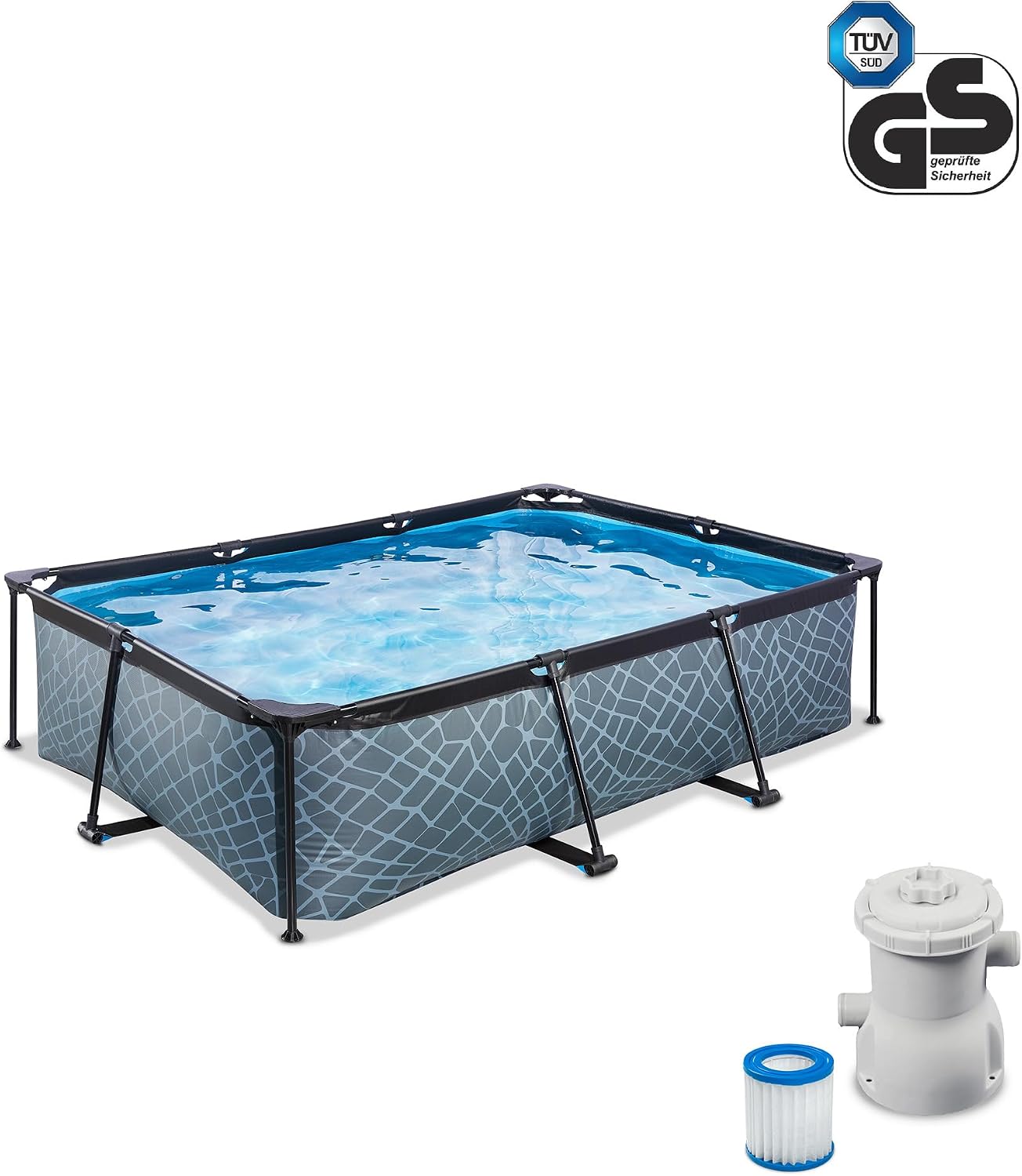 EXIT TOYS Piscine Hors Sol Tubulaire Rectangulaire 220 x 150 x 65 cm avec Pompe Filtrante – Piscine Enfant pour Jardin et Terrasse – Cadre en Acier – TÜV CE en 16582 – Stone – Gris – Image 2