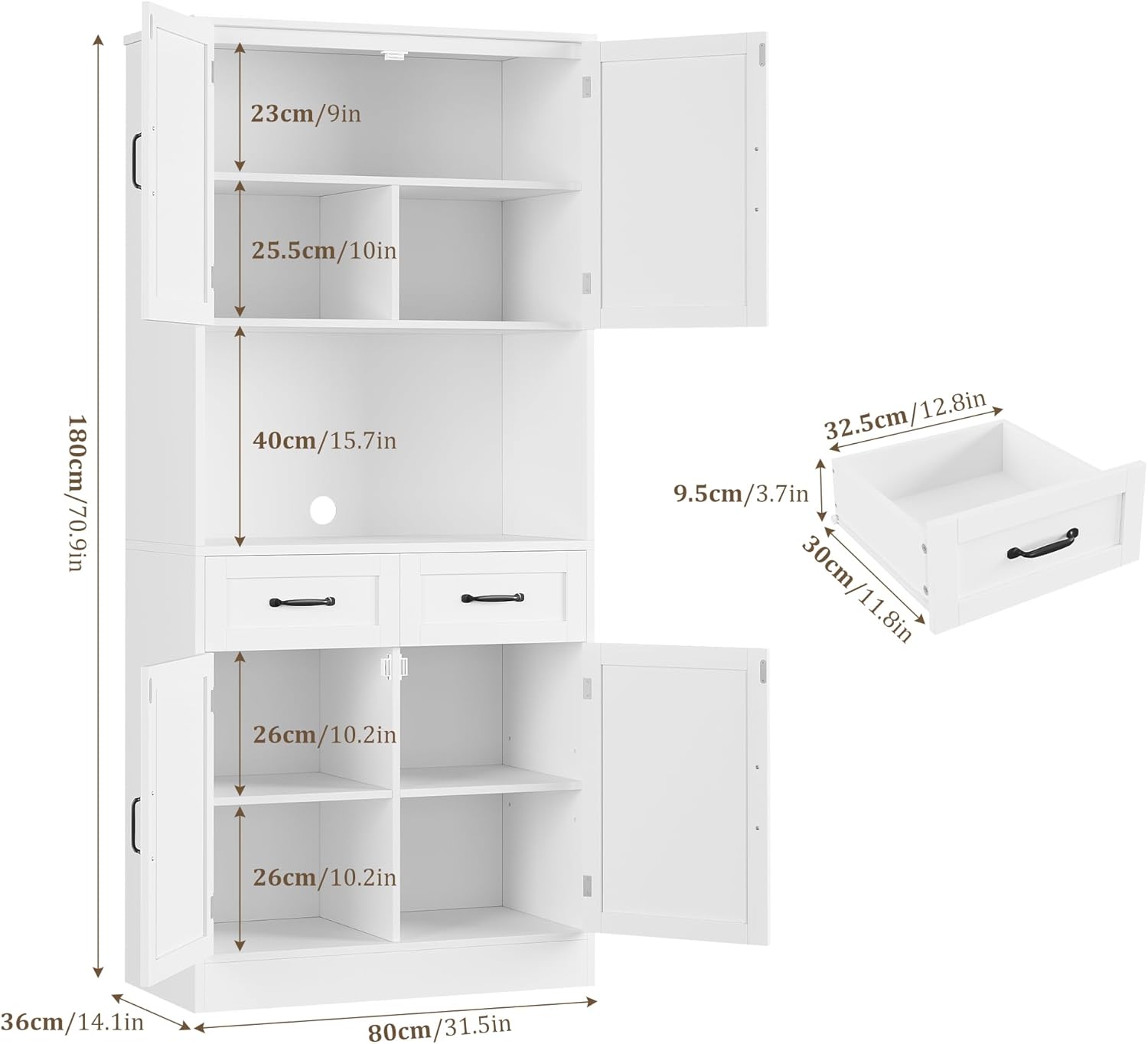HOCSOK Buffet Haut Cuisine, 180 cm Armoire Cuisine avec 4 Portes et 2 Tiroirs, Meuble de Rangement avec Etagères Réglables, Vaisselier Vitrine, Blanc – Image 2