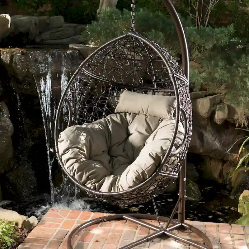 Khaki Brown / Gray Wicker Hanging Egg Chair with Cushion, 1-Person, 300 lbs Capacity – Image 16