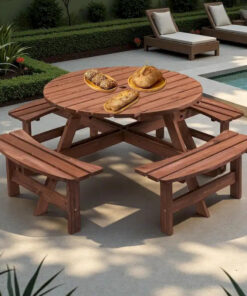 8-Person Outdoor Patio Fir Wood Round Picnic Dining Set with 4 Built-in Benches and Umbrella Hole