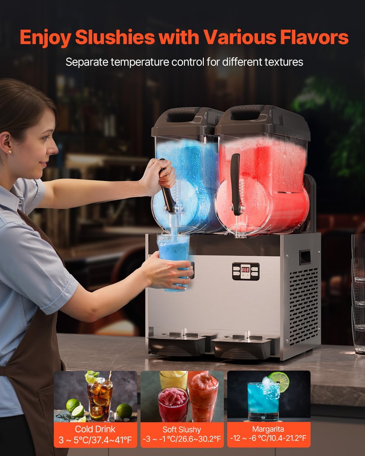 VEVOR Machine à Granité Commerciale 2x12 L Double Réservoir, Machine à Boissons Glacées en Inox de 96 Tasses, Distributeur de Boissons Frappées Granitas Margarita Smoothie, pour Restaurants Cafés Bars – Image 3