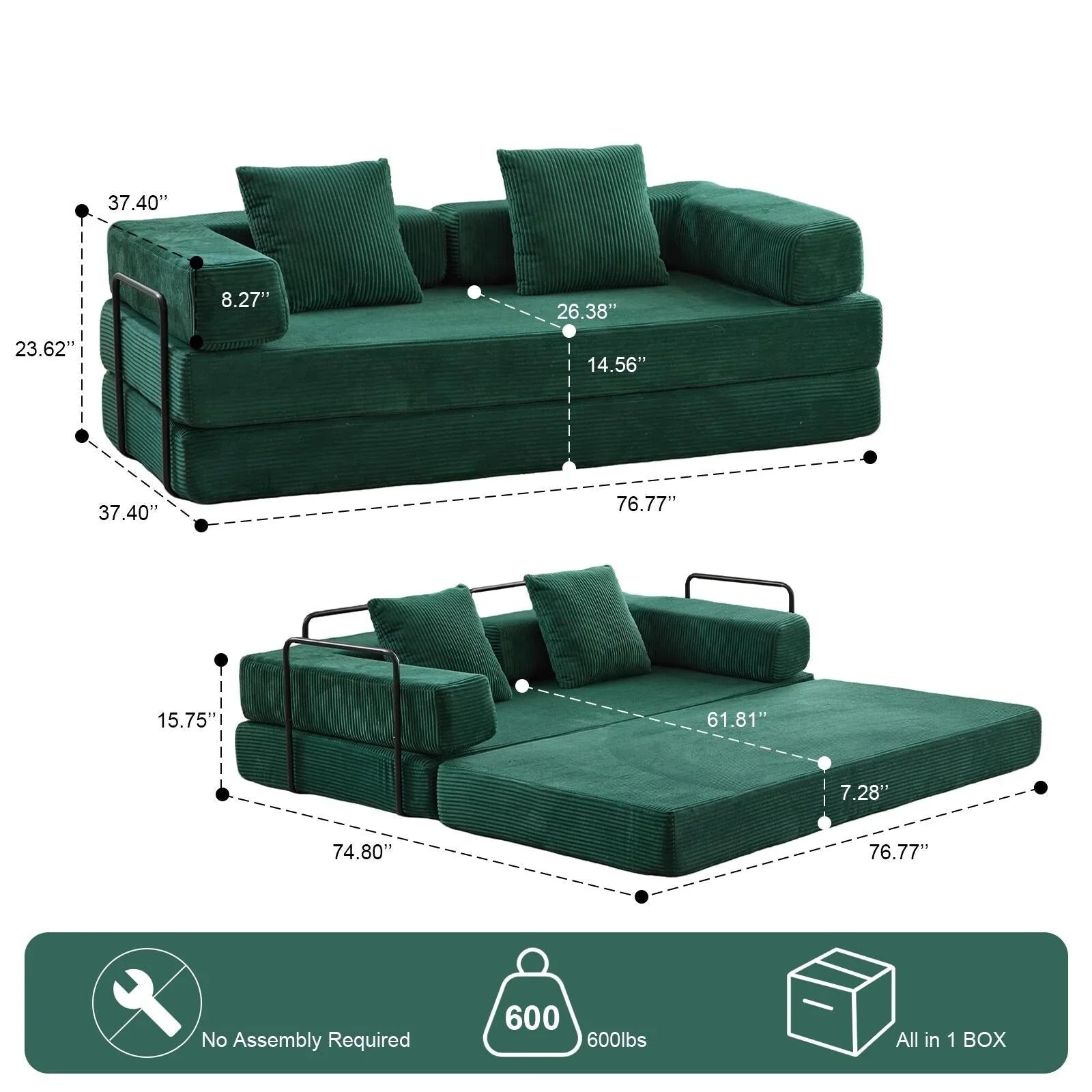 Convertible Floor Sofa Bed with Pillow Back Chenille Fabric for Living Room Bedroom – Image 19