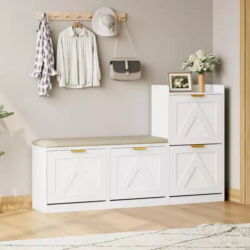 Shoe Storage Cabinet with Bench & 4 Flip Drawers - Narrow Entryway Organizer for 35-40 Pairs – Image 6