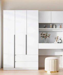 3-in-1 Wardrobe Closet with Vanity Desk, Desk Set, Bedroom Armoire with 2 Drawers 3-Door Storage Desk Wardrobe