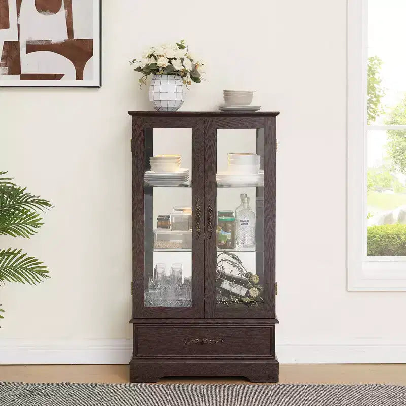 Lighted Glass Curio Cabinet with Adjustable Shelves - Elegant 2-Door Display Cabinet & Built-in Drawer, Includes Bulb – Image 3
