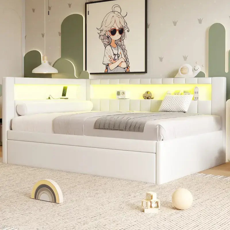 Upholstered Platform Bed with USB Ports & LED Lighting - Full/Twin Size Bed Frame with 2 Storage Drawers - Modern Bedroom – Image 24
